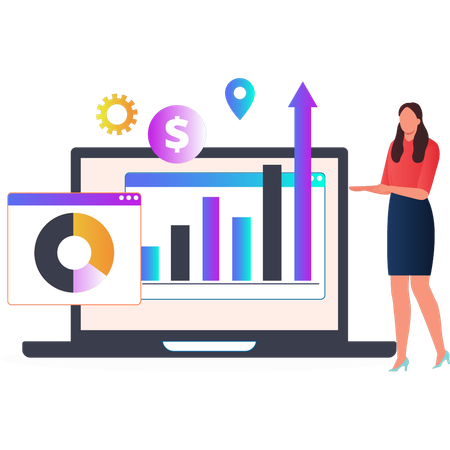 Frau zeigt Balkendiagramm auf Laptop  Illustration