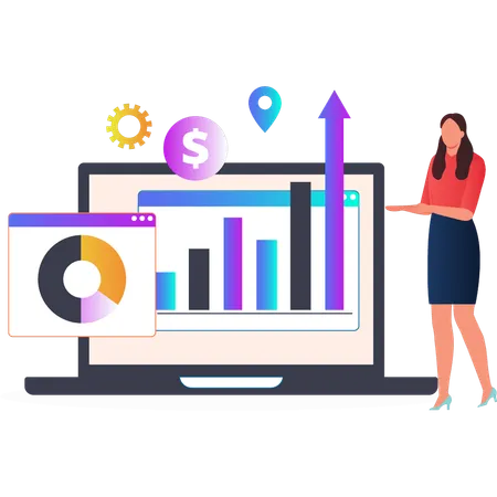 Frau zeigt Balkendiagramm auf Laptop  Illustration