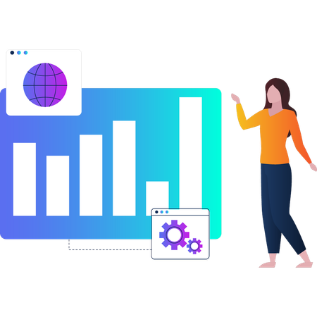 Frau zeigt Balkendiagramm-Statistiken auf dem Bildschirm  Illustration