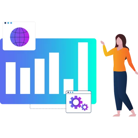 Frau zeigt Balkendiagramm-Statistiken auf dem Bildschirm  Illustration