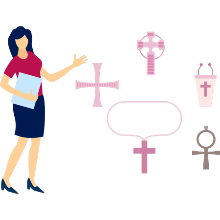 Frau zeigt verschiedene Kreuze  Illustration