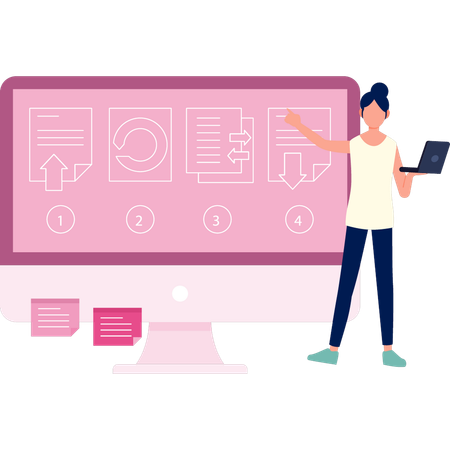 Frau zeigt grafische Diagramme auf Monitor  Illustration