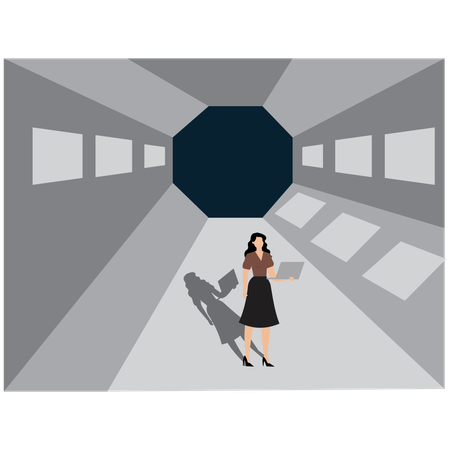 Frau zeigt das Innere der Raumstation  Illustration
