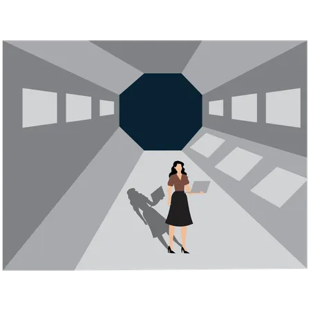 Frau zeigt das Innere der Raumstation  Illustration