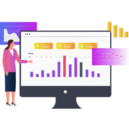 Frau zeigt statistisches Balkendiagramm auf Monitor  Illustration