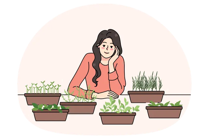 Frau züchtet zu Hause Microgreens und Kräuter in Töpfen  Illustration