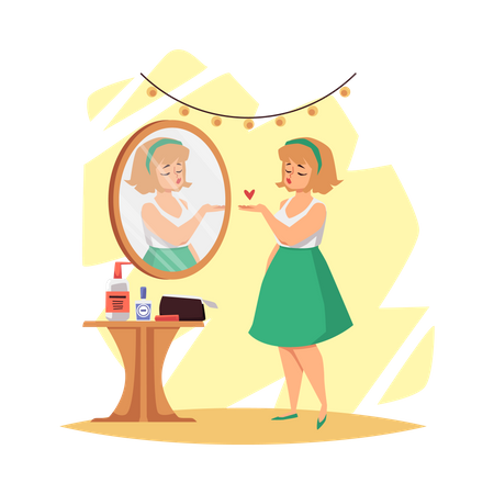 Frau mit ihrem Aussehen im Spiegel zufrieden  Illustration