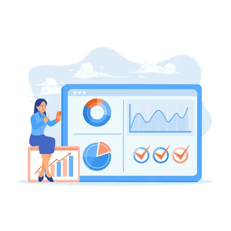 Frauen analysieren Grafiken und Diagramme und planen Marketingstrategie  Illustration