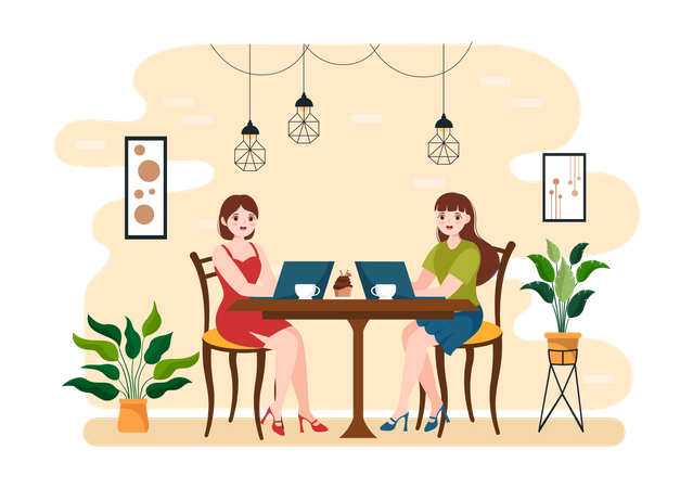 Frauen arbeiten im Café  Illustration