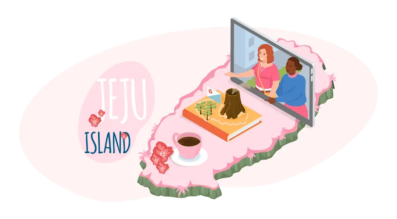 Frauen diskutieren per Videoanruf über Urlaub auf Jeju  Illustration