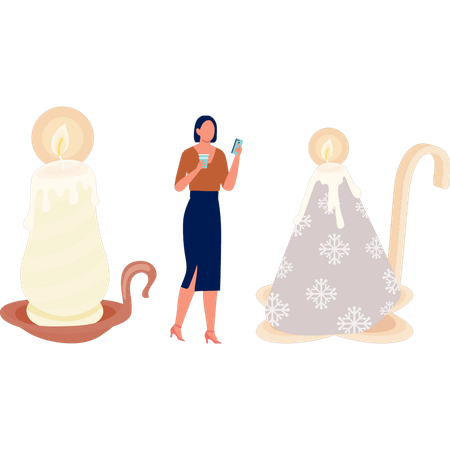 Frauen halten ein Getränk und schauen aufs Telefon  Illustration