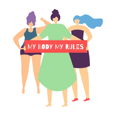 Frauen halten ein Banner mit dem Schild „Mein Körper, meine Regeln“  Illustration