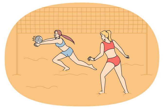 Frauen im Bikini spielen Volleyball am Strand  Illustration