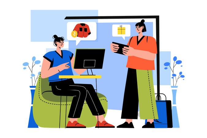 Frauen kaufen online im Angebot ein  Illustration