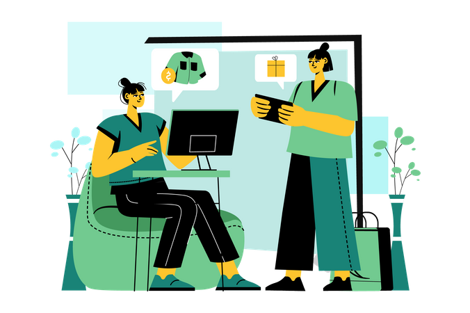 Frauen kaufen online im Angebot ein  Illustration