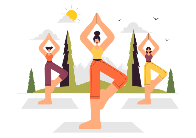 Frauen machen Yoga- und Meditationsretreat  Illustration