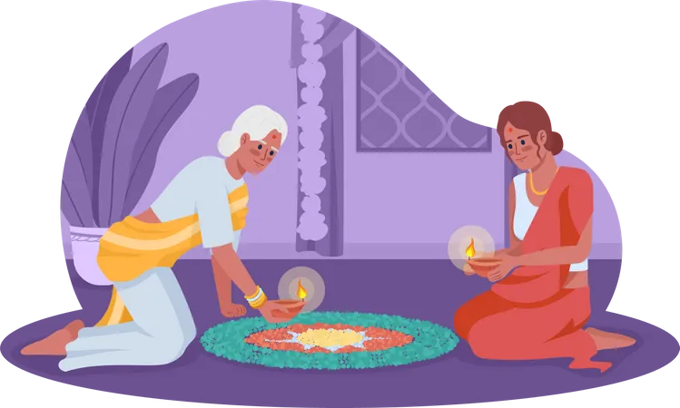 Frauen mit Öllampen feiern Diwali  Illustration