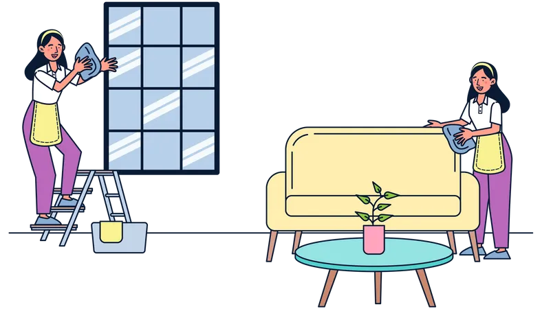 Frauen putzen Fenster und Couch  Illustration