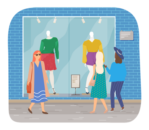 Frauen betrachten ein Geschäft mit Kleidungsfenster  Illustration