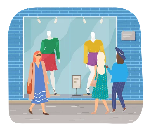 Frauen betrachten ein Geschäft mit Kleidungsfenster  Illustration