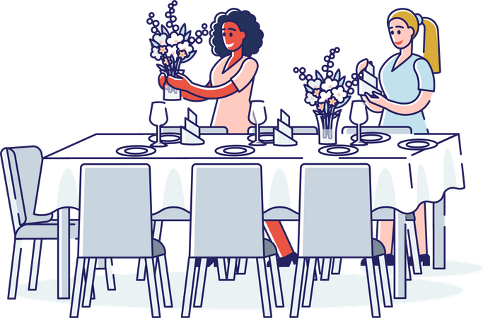 Frauen servieren am Tisch und bereiten elegante Blumen für das Abendessen oder ein luxuriöses Bankett vor  Illustration