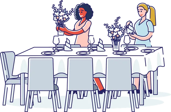 Frauen servieren am Tisch und bereiten elegante Blumen für das Abendessen oder ein luxuriöses Bankett vor  Illustration