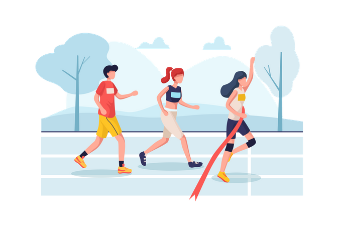 Frauen siegen und überqueren die Ziellinie beim Marathon  Illustration