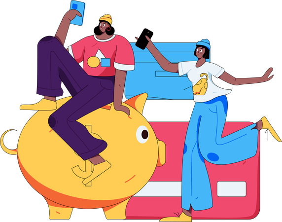 Frauen sparen Geld im Sparschwein  Illustration