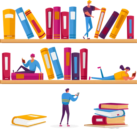 Frauen und Männer lesen in der Bibliothek, sitzen auf Regalen mit Büchern  Illustration