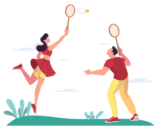 Frauen und Männer spielen Badminton im Park  Illustration