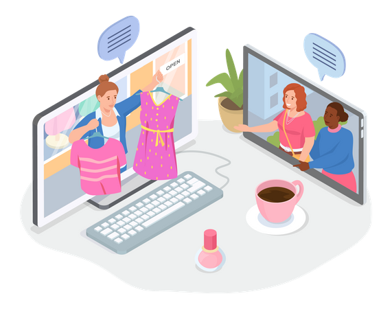 Frauen verkaufen online an Kunden  Illustration
