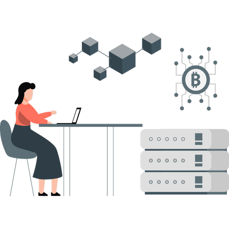 Frauen zeigen auf Bitcoin-Datenbank  Illustration