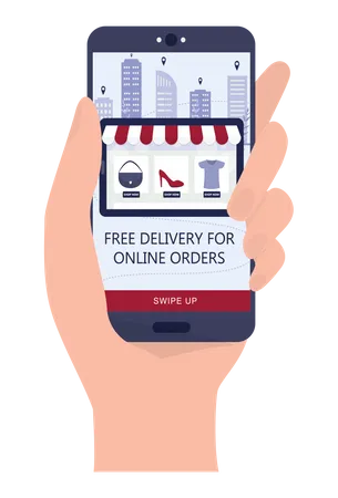 Online Shopping Using Devices Mobile Marketing And PPC Technology Hand Holding A Smartphone With Free Delivery Advertisment Isolated Flat Vector Illustration Illustration