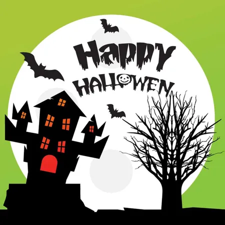 Free Happy Halloween House And Bats With Tree Moon Light Green Background Illustration