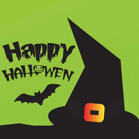 Free Happy Halloween Typography Hat And Bat With Green Background Illustration