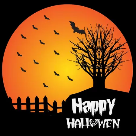 Free Happy Halloween House And Bats With Tree Moon Light Orange Background Illustration