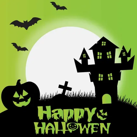 Free Happy Halloween House And Bats With Tree Moon Light Green Background Illustration