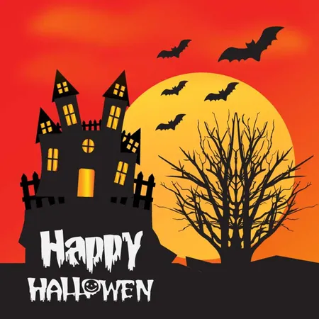 Free Happy Halloween House And Bats With Tree Moon Light Orange Background Illustration