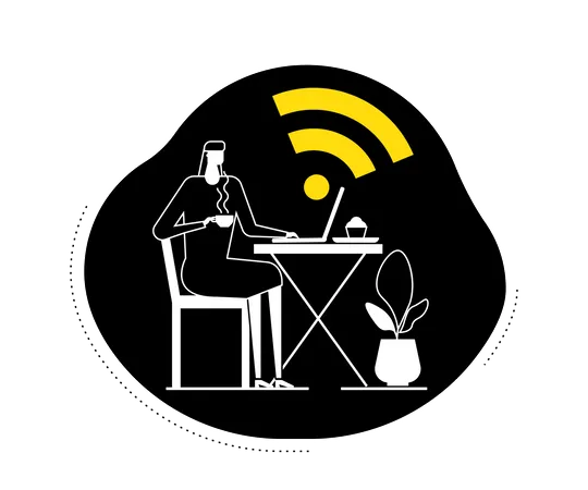Free wifi - female freelancer sitting in the cafeteria and working on a laptop using wifi connection of cafeteria Illustration