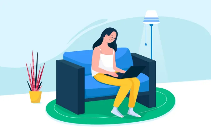 The Woman Sitting On The Sofa And Working On The Laptop Illustration