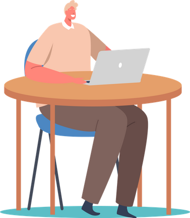 Freelance assis sur un fauteuil et un bureau travaillant sur un ordinateur portable  Illustration