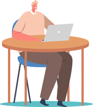 Freelance assis sur un fauteuil et un bureau travaillant sur un ordinateur portable  Illustration