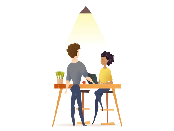 Freelance Couple Work by Table in Co-working Space Illustration