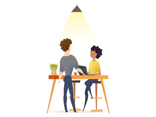 Freelance Couple Work by Table in Co-working Space  Illustration