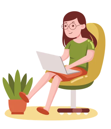 Femme indépendante travaillant sur un ordinateur portable tout en étant assise sur une chaise  Illustration