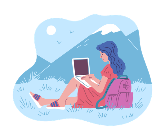 Freelance girl with laptop in the mountains  Illustration
