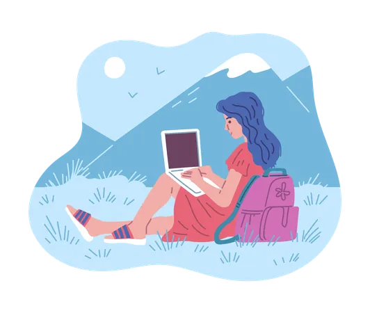 Freelance girl with laptop in the mountains  Illustration