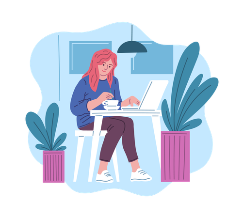 Freelance girl with laptop working in cafe  Illustration