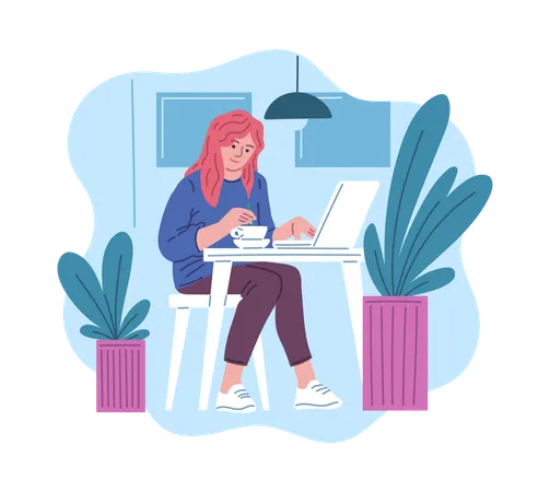 Freelance girl with laptop working in cafe  Illustration