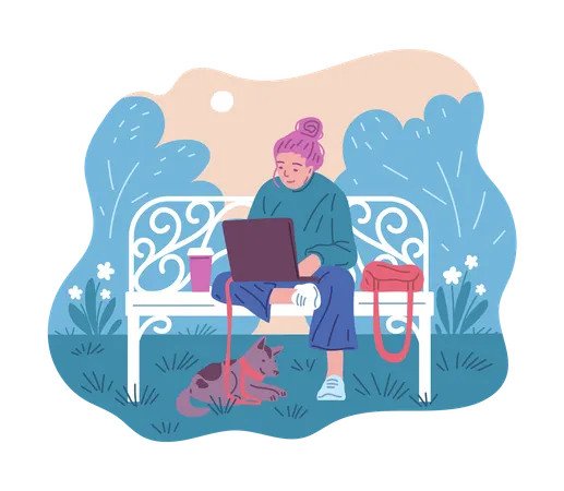 Freelance girl with laptop working in park  Illustration